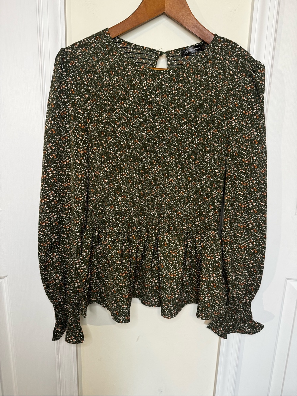 Smocked Waist Olive Floral Long Sleeve Blouse